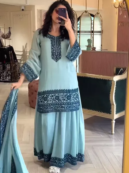 Sky Blue Color Top Palazzo Suit in Georgette With Embroidery Work and Dupatta