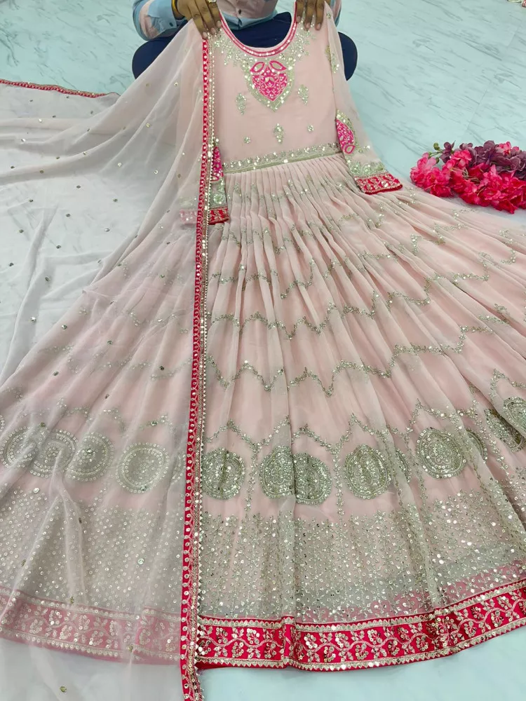 Baby Pink Color Georgette With Embroidery Work New Raffle Style Long Length  Gown
