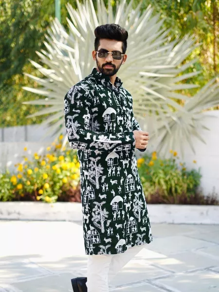 Mehendi Color Soft Parbon Silk Mens Kurta With Beautiful Embroidery Indian Festival Wear Men's Kurta Pajama