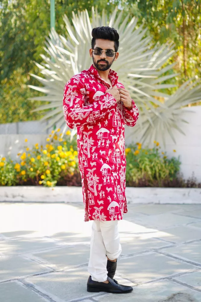 Pink Color Soft Parbon Silk Mens Kurta With Beautiful Embroidery