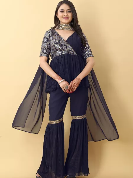 Royal Blue Party Wear Sharara Suit With Dupatta and Embroidery Sequence With Zari Work