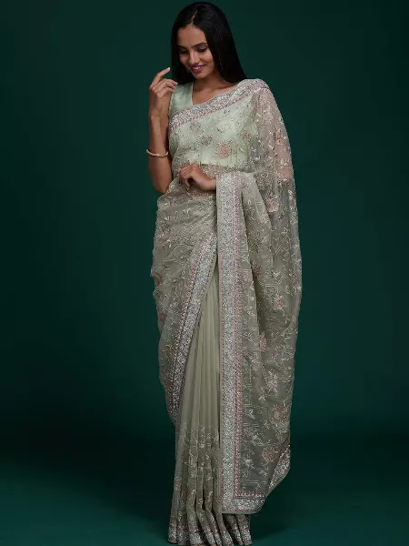 Pista Color Soft Organza Silk Saree With Zari and Lucknowi Thread Work