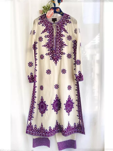 White Top Palazzo Suit in Georgette With Fancy Purple Embroidery and Dupatta