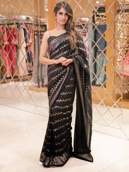 Black Color Bollywood Saree in Georgette With Sequence Work and Blouse