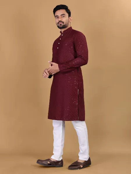 Maroon Color Rayon Mens Kurta With Sequence Embroidery Work for Night Party Garba Event Mens Traditional Kurta