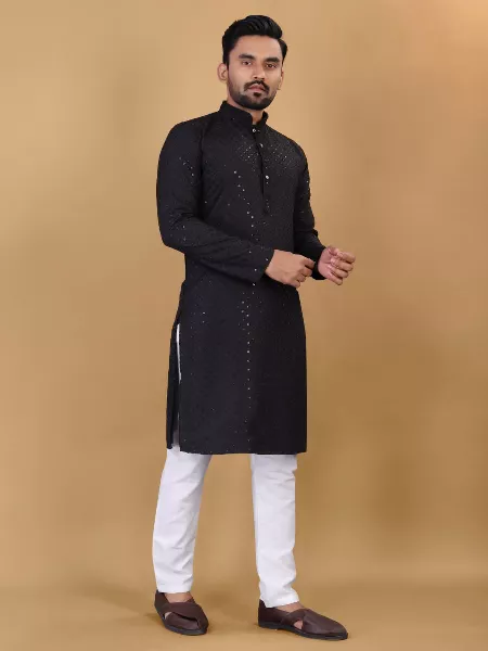 Black Color Rayon Mens Kurta With Sequence Embroidery Work for Night Party Garba Event Mens Traditional Kurta
