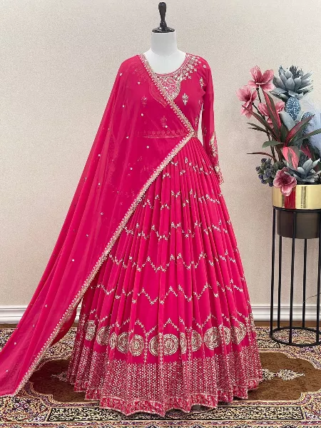 Rani Pink Color Sequins And Thread Embroidery Work Georgette