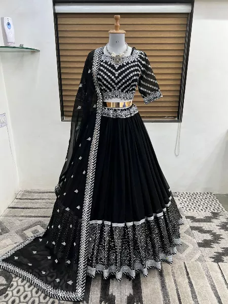 Black Color Lehenga Choli in Georgette With Readymade Blouse and Semi Stitched Lehenga
