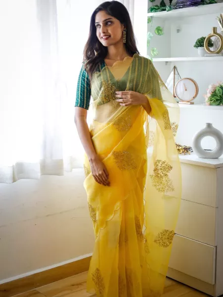 Yellow Color Organza Saree With Readymade Blouse and Sequence Embroidery Work