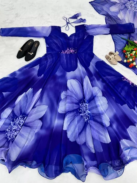 Royal Blue Color Party Wear Gown in Georgette With Digital Print and Dupatta