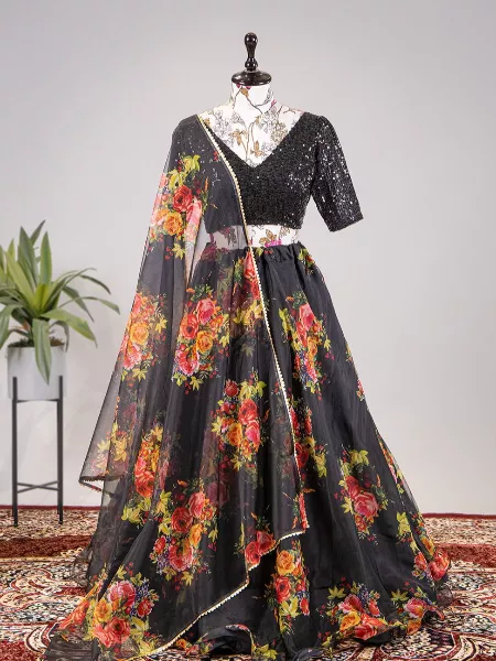 Black Color Organza Lehenga Choli With Digital Print and Sequence Work Blouse