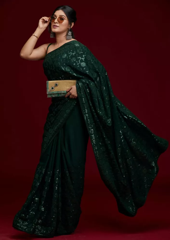 Embroidered Bollywood Soft Shiny Dual Tone Dolla Silk Saree