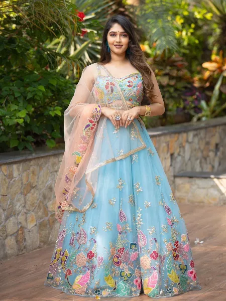 Sky Blue Soft Net Lehenga Choli With Colorful Embroidery and Sequence Work