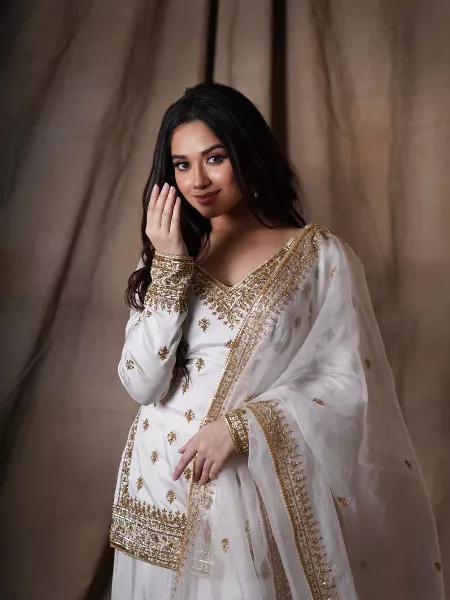 Jannat Zubair White Color Top Sharara Suit in Georgette With Embroidery Work