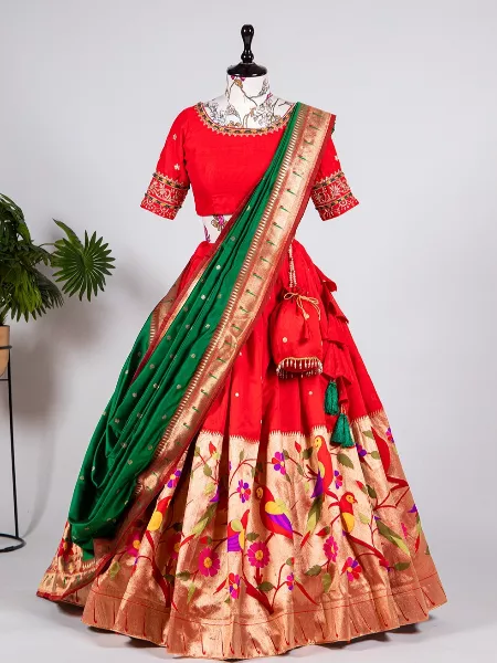 Red Lehenga Choli with Banarasi Silk Dupatta, Rakhi Festival Dress