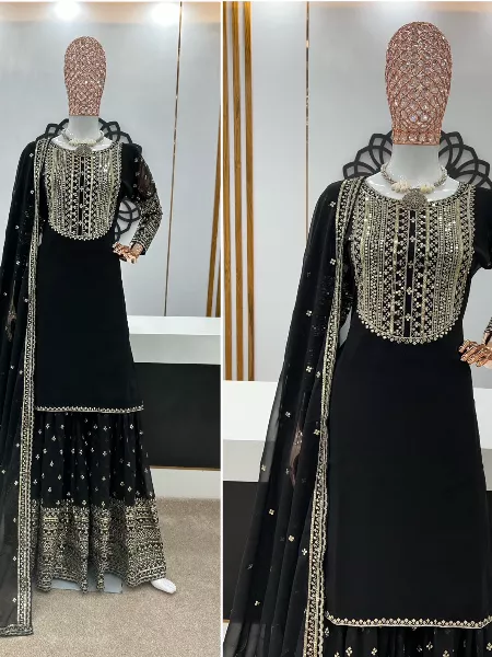 Appealing Black Color Fancy Fabric Function Style Readymade Sharara Suit