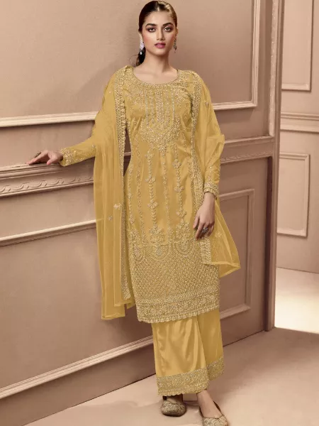 Yellow Color Heavy Butterfly Net Salwar Kameez With Embroidery Coding Work