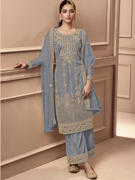 Grey Color Heavy Butterfly Net Salwar Kameez With Embroidery Coding Work