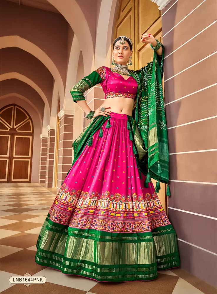 Embroidered Green Lehenga Choli With Pink Unstitched Blouse & Net Dupatta  In Striking Contrast Colors - HALFSAREE STUDIO - 4092526