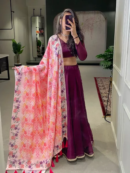 Wine Color Bollywood Party Wear Lehenga Choli With Printed Dupatta and 7.50 Meter Big Flair