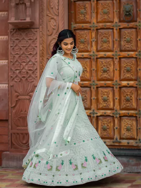 Beautiful Off White & Grey Net Thread Zari & Sequins Embroidery With Mirror  Wedding Designer Lehenga Choli With Dupatta - Divine International Trading  Co - 4066724
