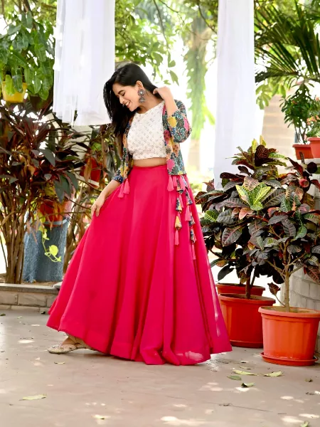 Buy Pink Slub Silk Embroidery Pipe Round Lehenga Saree With Crop Top For  Women by Vasavi Shah Online at Aza Fashions.