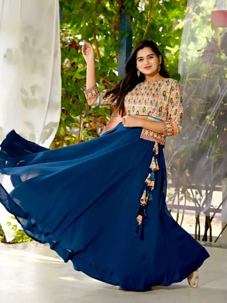 Navy Blue Color Ready to Wear Lehenga Choli With Designer Printed Koti With 8.5 Meter Flair