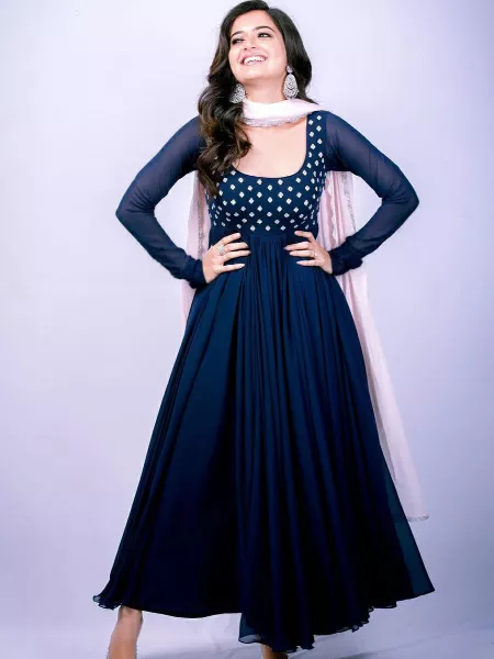Navy Blue Georgette Gown With Neck Embroidery and Dupatta