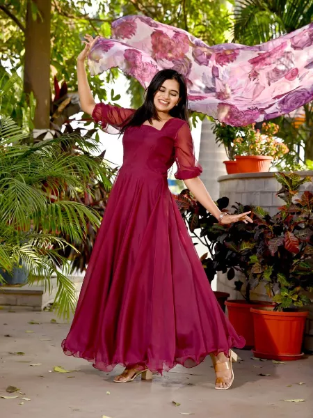 Wine Color Georgette Gown With Dupatta and 8.5 Meter Big Flair Gown