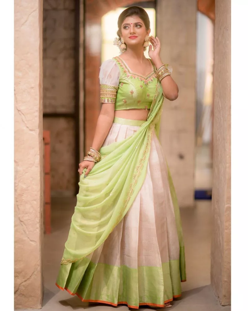 Pin by Tikli.in on Lehenga Design | Half saree, Saree photoshoot, Indian  fashion saree