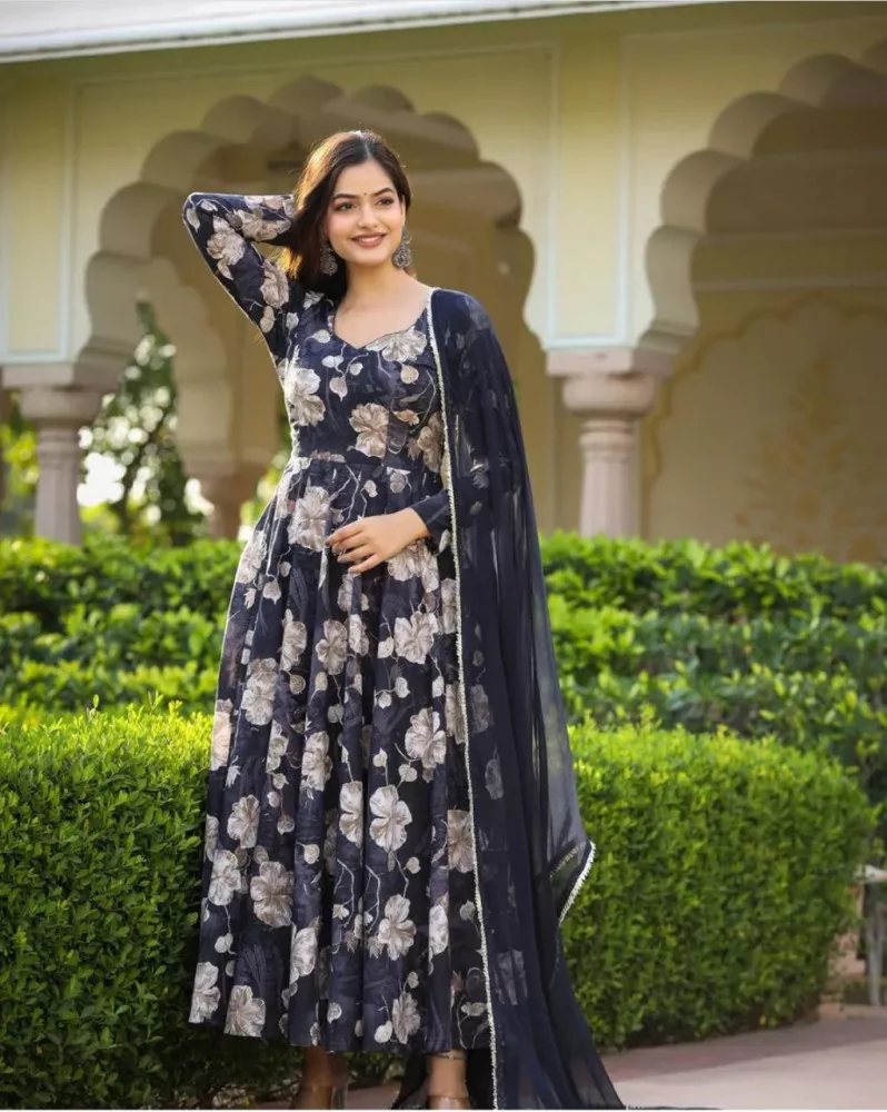 Navy Blue Ready-to-Wear Georgette Gown with Matching Dupatta