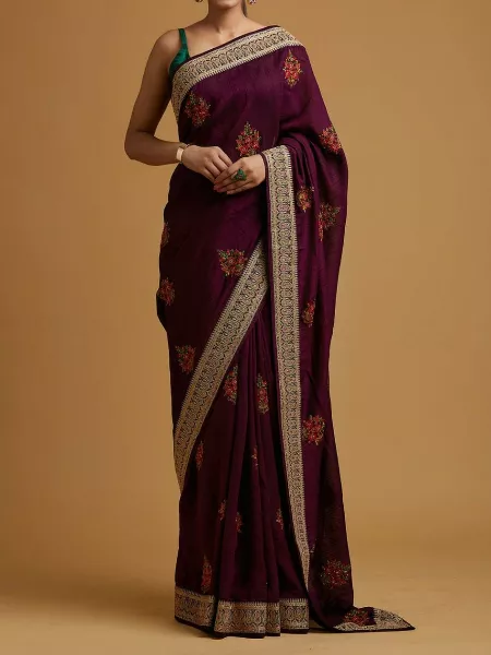 Purple Color Soft Vichitra Silk Saree With Designer Cationic Thread Work