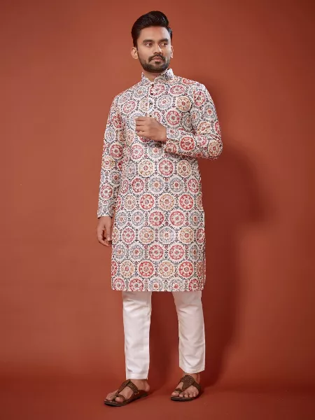 Mens Traditional Kurta With Pyjama in Cotton With Lucknowi Work and Print