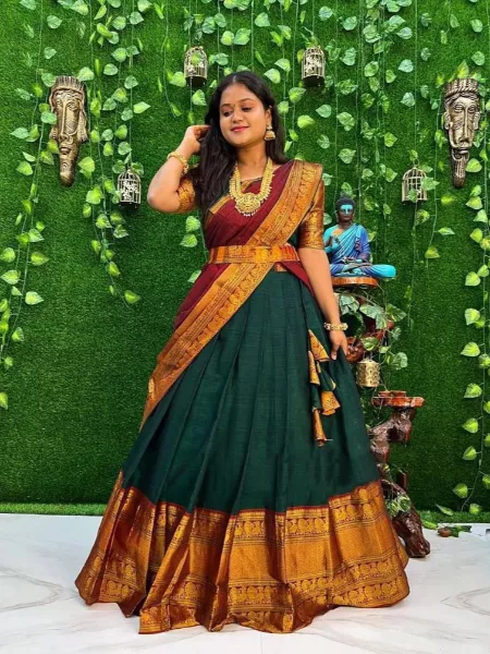 Green Color Kanjivaram Cotton Zari Half Saree Lehenga With Dupatta South Lehenga