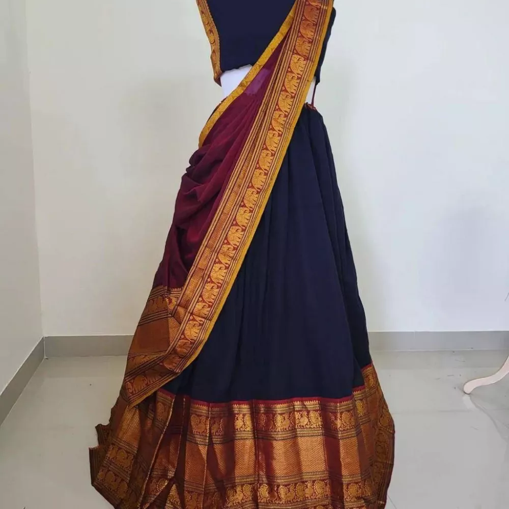 Navy Blue Color Kanjivaram Cotton Zari Half Saree Lehenga With Dupatta South  Lehenga in USA, UK, Malaysia, South Africa, Dubai, Singapore