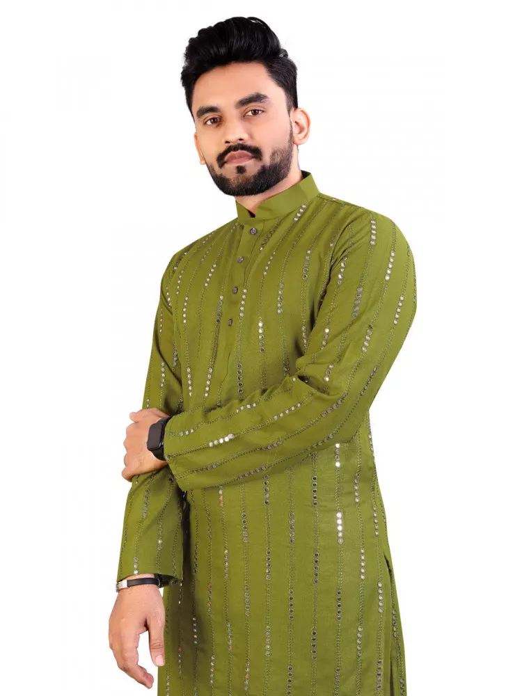 Mehndi Threadwork Embroidery Chikan Kurta for men online India Color Green  SizeKurta 40
