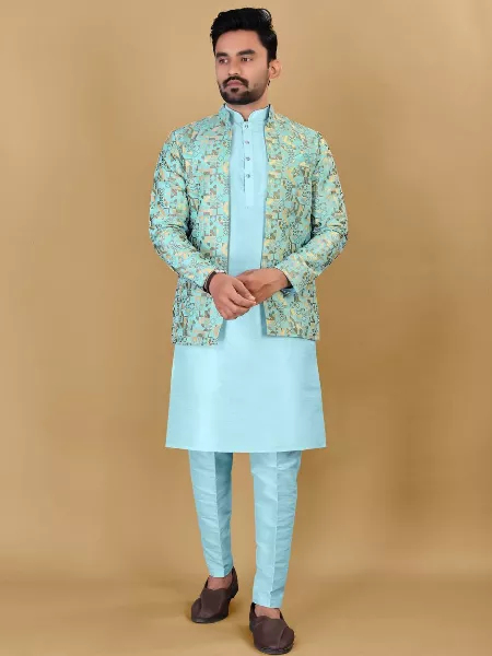 Sky Color Banglori Silk Men's Kurta With Polo Pent and Jacquard Koti Men's Wedding Wear Kurta