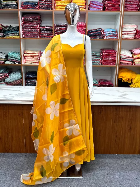 Haldi Ceremony Gown in Mustard Yellow Georgette Fabric With Dupatta