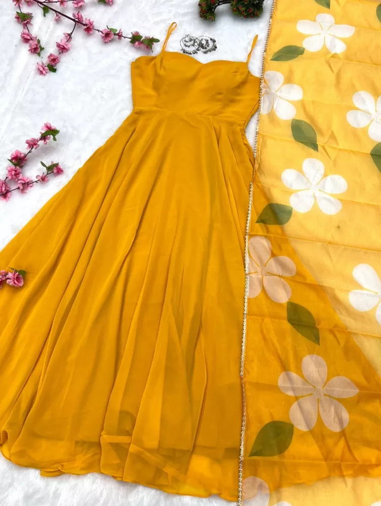 Buy Radiant Mustard Georgette Designer Gown - Inddus.com.