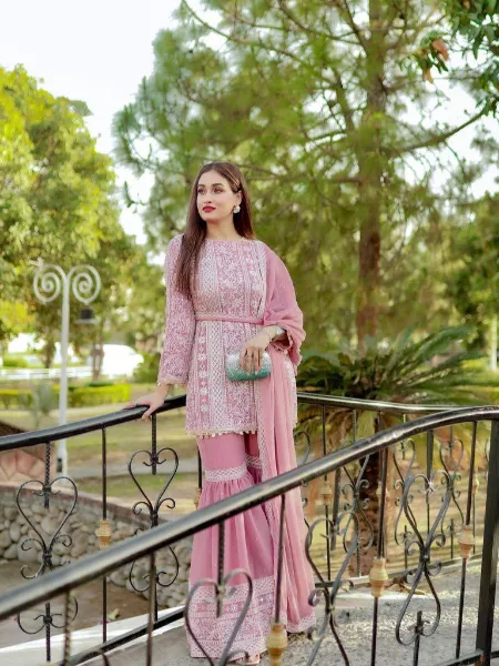 Light Pink Wedding Wear Sharara With Top and Dupatta in Georgette With Sequence Embroidery