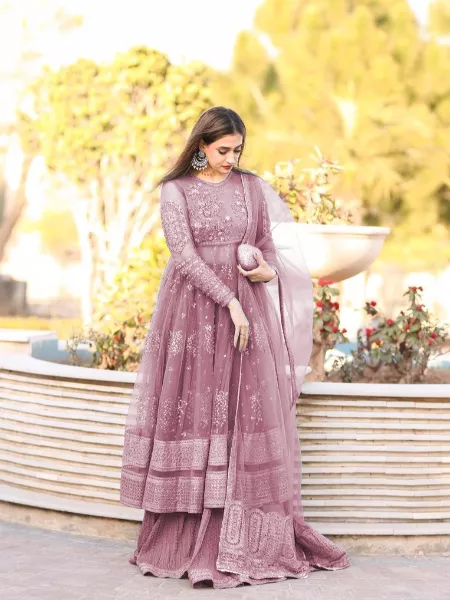 Light Pink Georgette 3 Piece Dress With Embroidery Work Indian