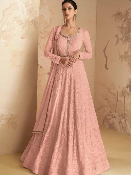 Peach Anarkali Suit in Georgette With Sequence and Cotton Thread Embroidery