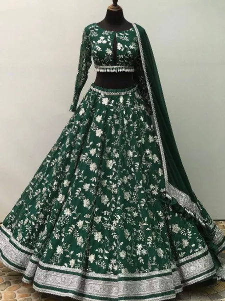 Green Silk Heavy Box Pattern Round Embroidery Lehenga – TheDesignerSaree
