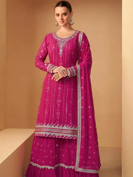 Pink Color Georgette Sharara Suit With Top and Dupatta for Wedding Wear