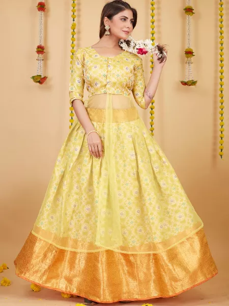 Yellow Color Indian Bridal Viscose Chanderi Lehenga Choli With Zari Weaving  in USA, UK, Malaysia, South Africa, Dubai, Singapore