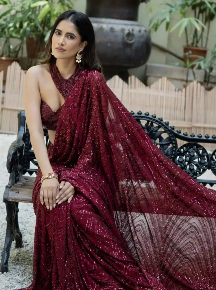 Shop for Self Sequinned Cocktail Saree in Maroon Color