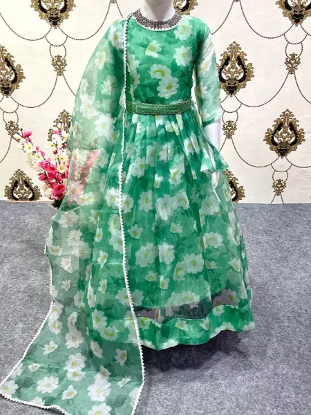 Green Color Kids Gown With Pent in Organza With Floral Digital Print Indian Kids Gown