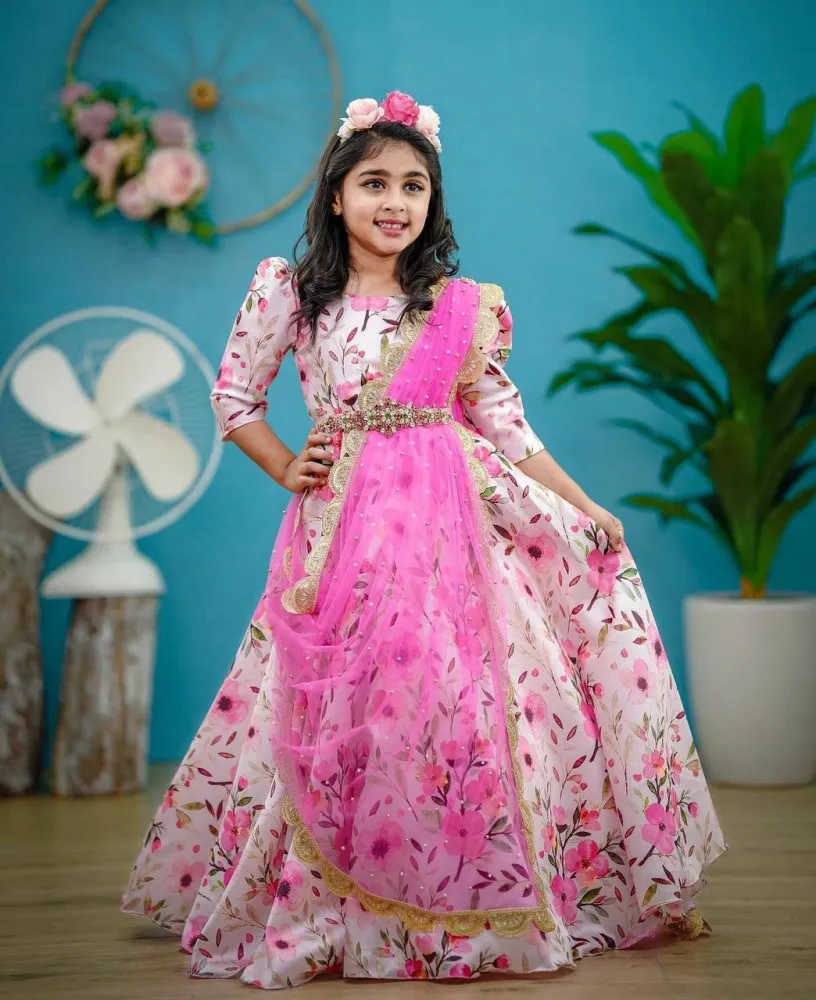 Girls Digital Print Fancy Frock in Light Pink Satin Fabric in USA, UK,  Malaysia, South Africa, Dubai, Singapore