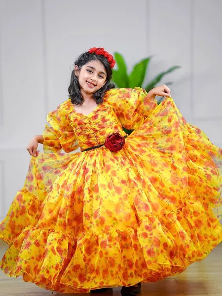 Yellow Color Kids Gown With Big Flair and Digital Print in Organza