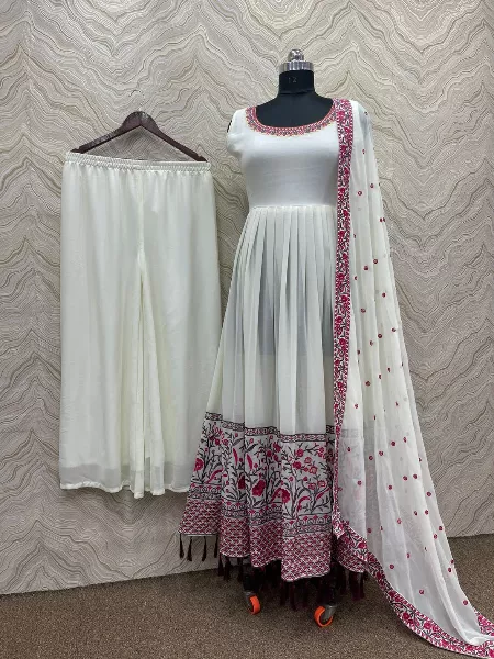White Color Designer Slit Kurti Set With Pent and Dupatta With Embroidery Work
